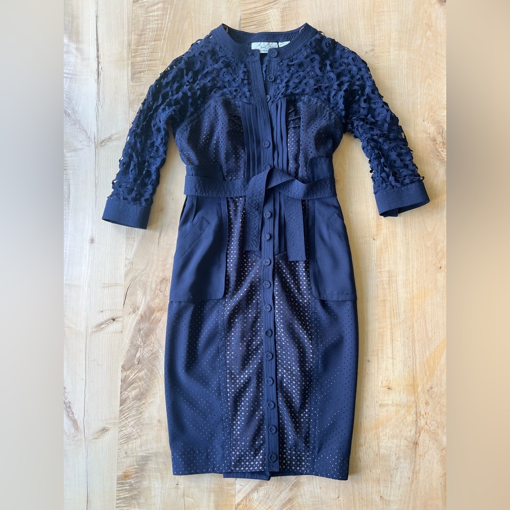 Byron Lars Sheath fitted Navy Blue Button-Front Dress with Belt